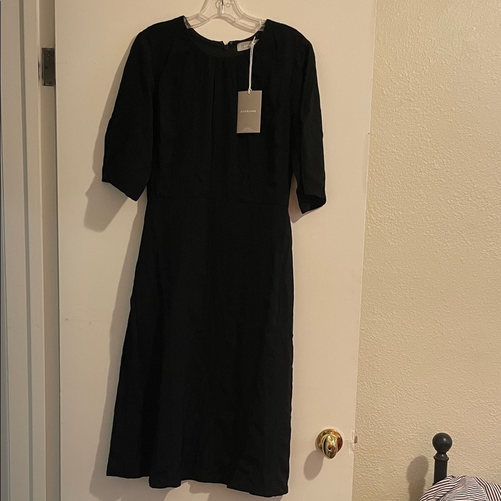 Everlane Black Sheath Dress 3/4 Puff Sleeves Crew Neck